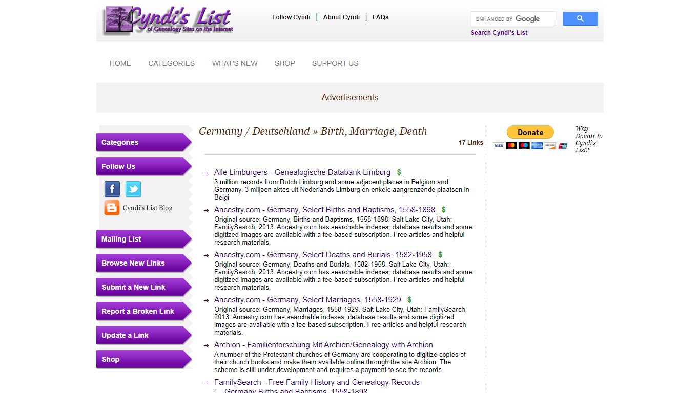 Cyndi's List - Germany / Deutschland - Birth, Marriage, Death